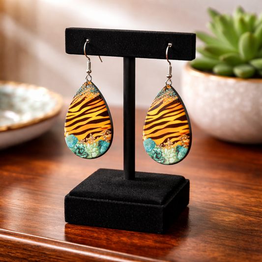 Tiger Stripe Turquoise Floral Accent Earrings