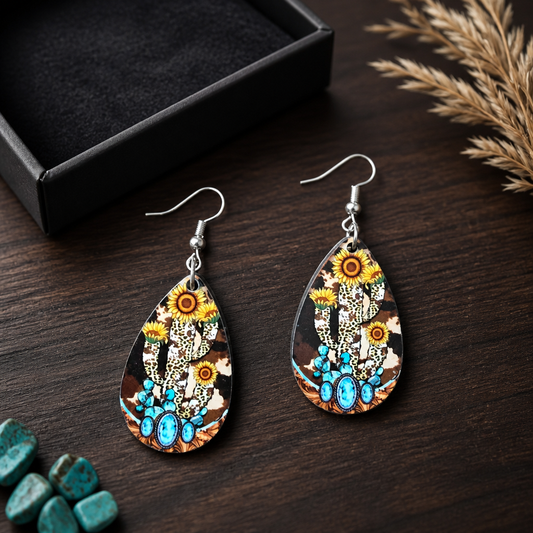 Western Sunflower Bull Teardrop Earrings