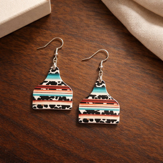 Sunset Serape Cow Tag Earrings