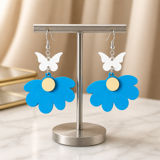 Blue Daisy & Butterfly Wooden Dangle Earrings