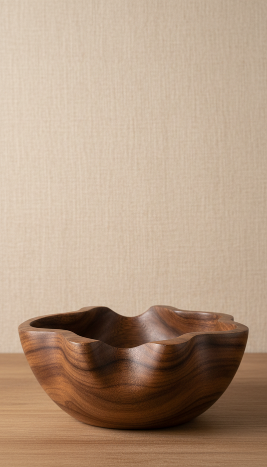Hand-Carved Walnut Brown Wood Bowl