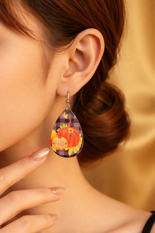Pumpkin Patch Plaid Teardrop Earrings