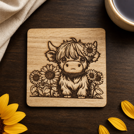 Highland Cow Acacia Wood Coaster Set