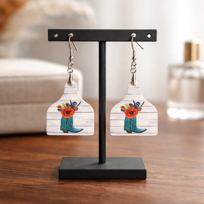 Boot & Bloom Cow Tag Earrings