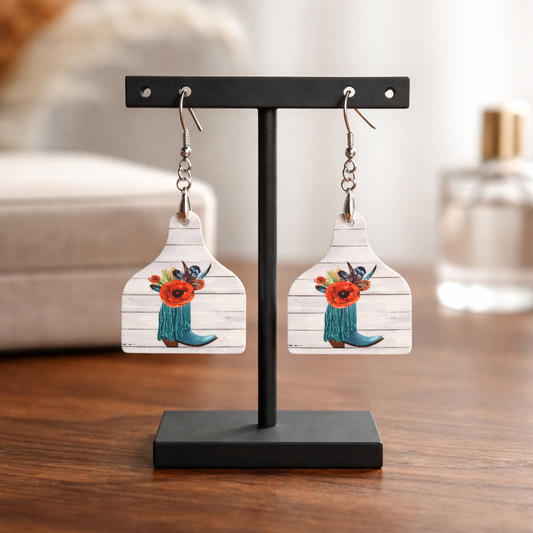 Boot & Bloom Cow Tag Earrings