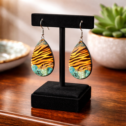 Tiger Stripe Turquoise Floral Accent Earrings