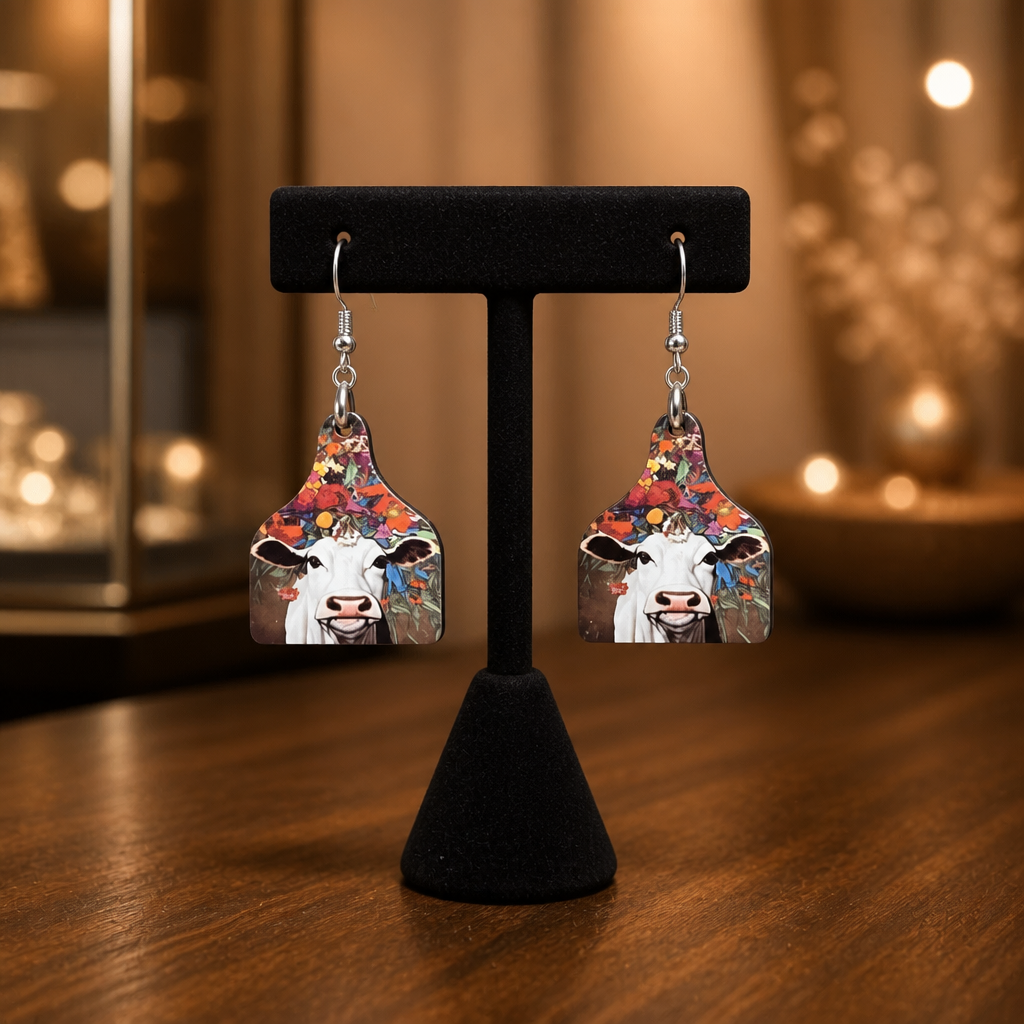Wildflower Heifer Cow Tag Earrings