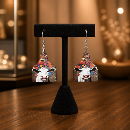 Wildflower Heifer Cow Tag Earrings