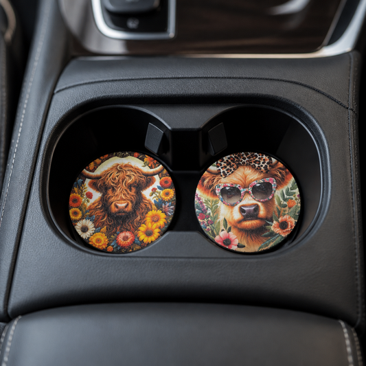 Sunflower Highland Cow Car Coaster Set