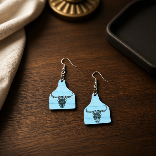 Turquoise Longhorn Cow Tag Earrings