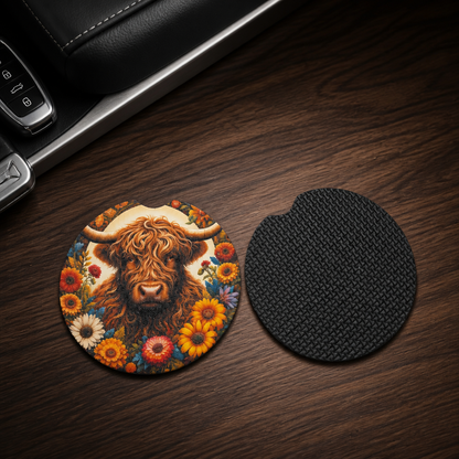 Sunflower Highland Cow Car Coaster Set