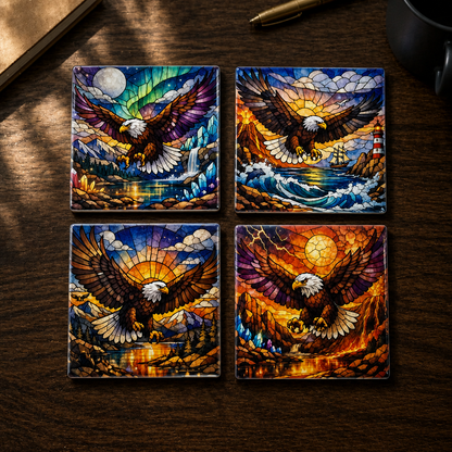 Majestic Eagle Stained Glass Ceramic Coaster Set