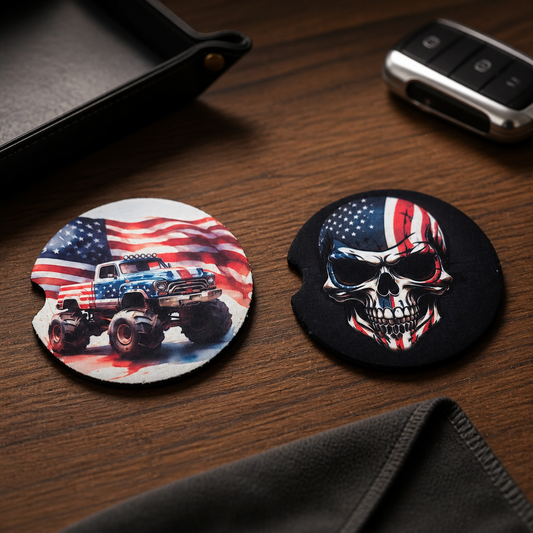 Patriotic Truck & Skull Car Coaster Set