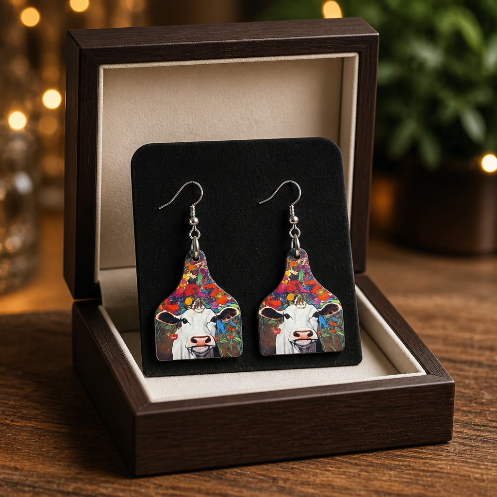 Wildflower Heifer Cow Tag Earrings