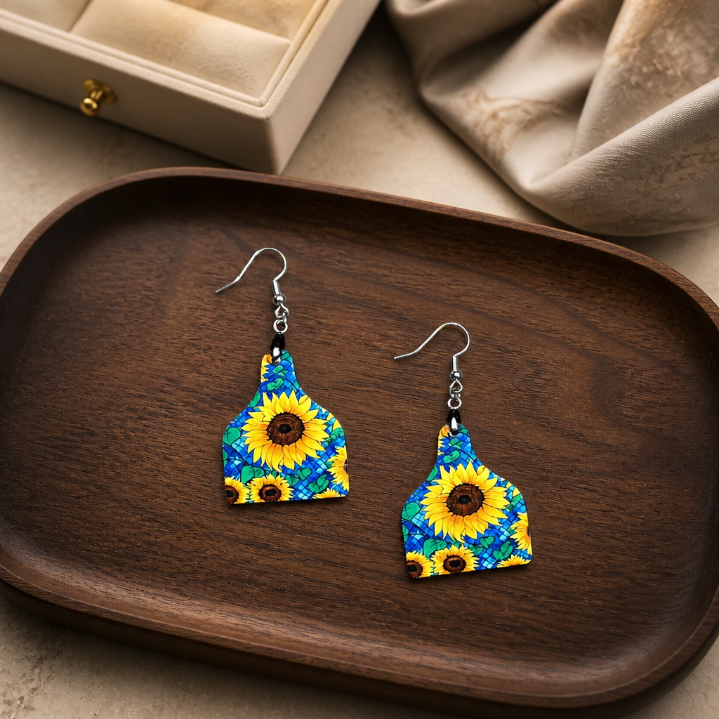 Sunflower Prairie Cow Tag Earrings