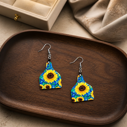 Sunflower Prairie Cow Tag Earrings