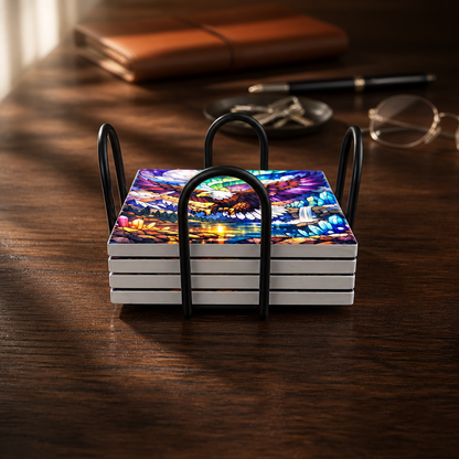 Majestic Eagle Stained Glass Ceramic Coaster Set