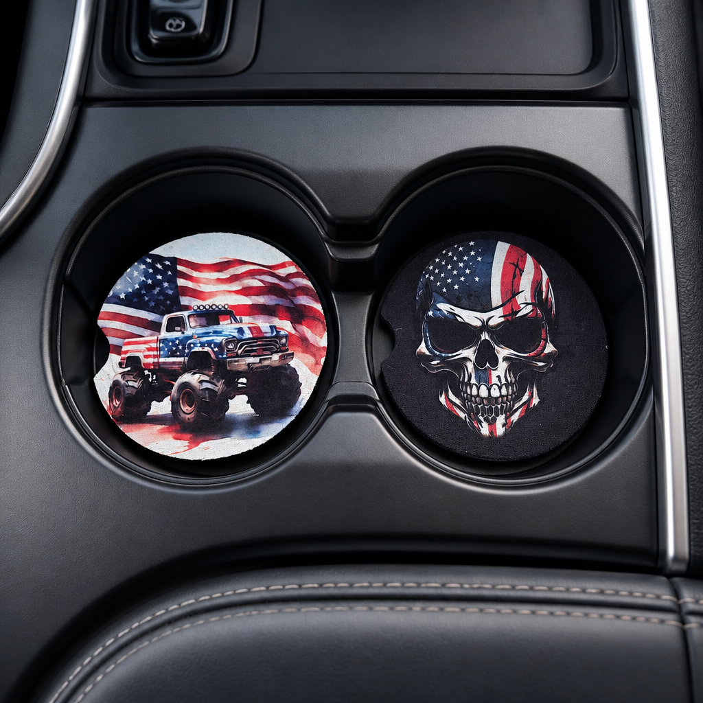 Patriotic Truck & Skull Car Coaster Set