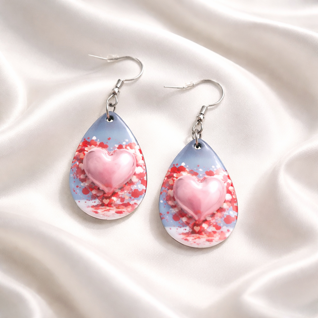 Puffed 3D Pink Heart Earrings