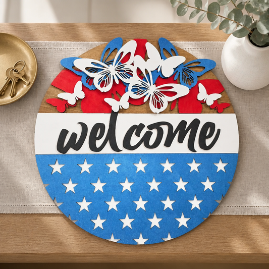 Patriotic Butterfly Welcome Door Sign