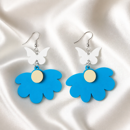 Blue Daisy & Butterfly Wooden Dangle Earrings