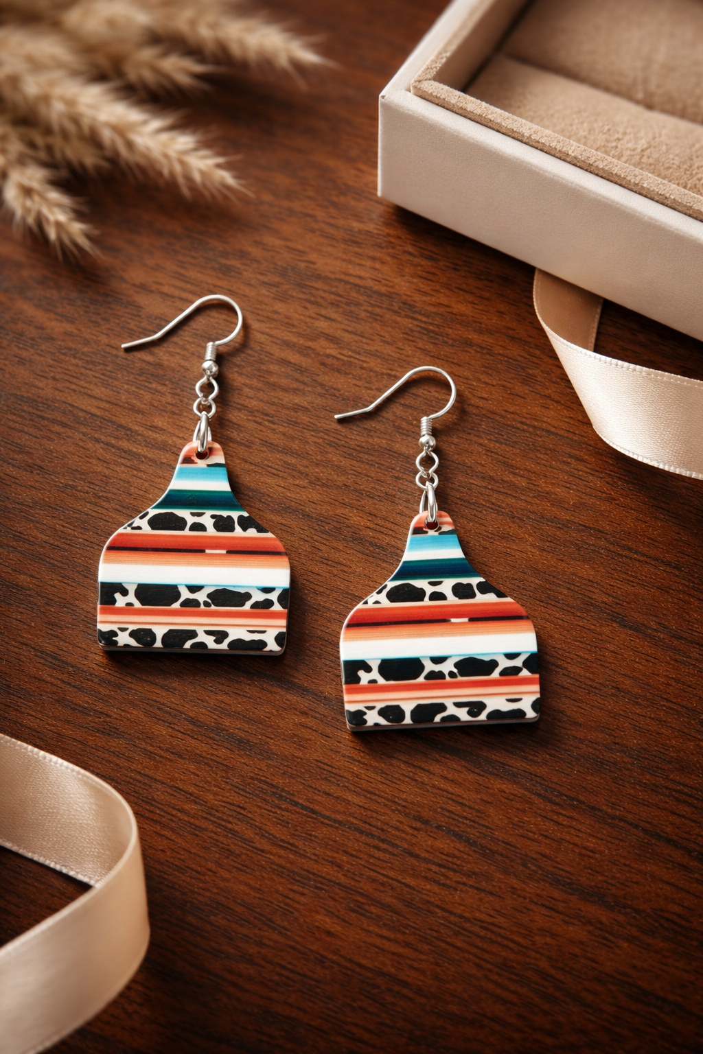 Sunset Serape Cow Tag Earrings