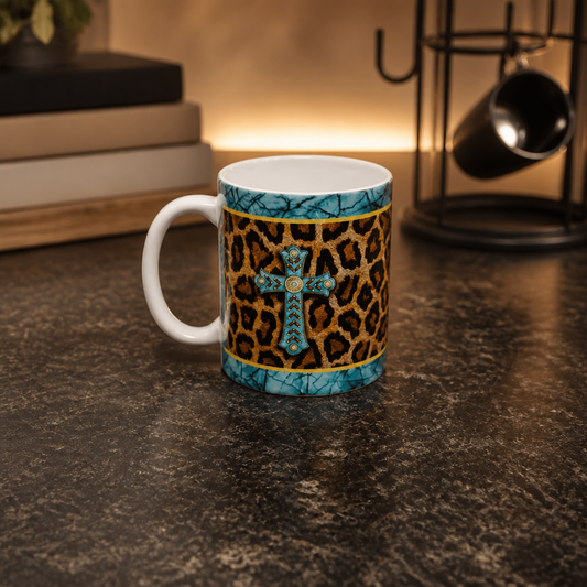 Turquoise Cross & Leopard Print Ceramic Coffee Mug – 11 oz