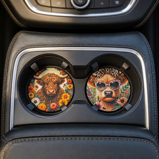 Sunflower Highland Cow Car Coaster Set