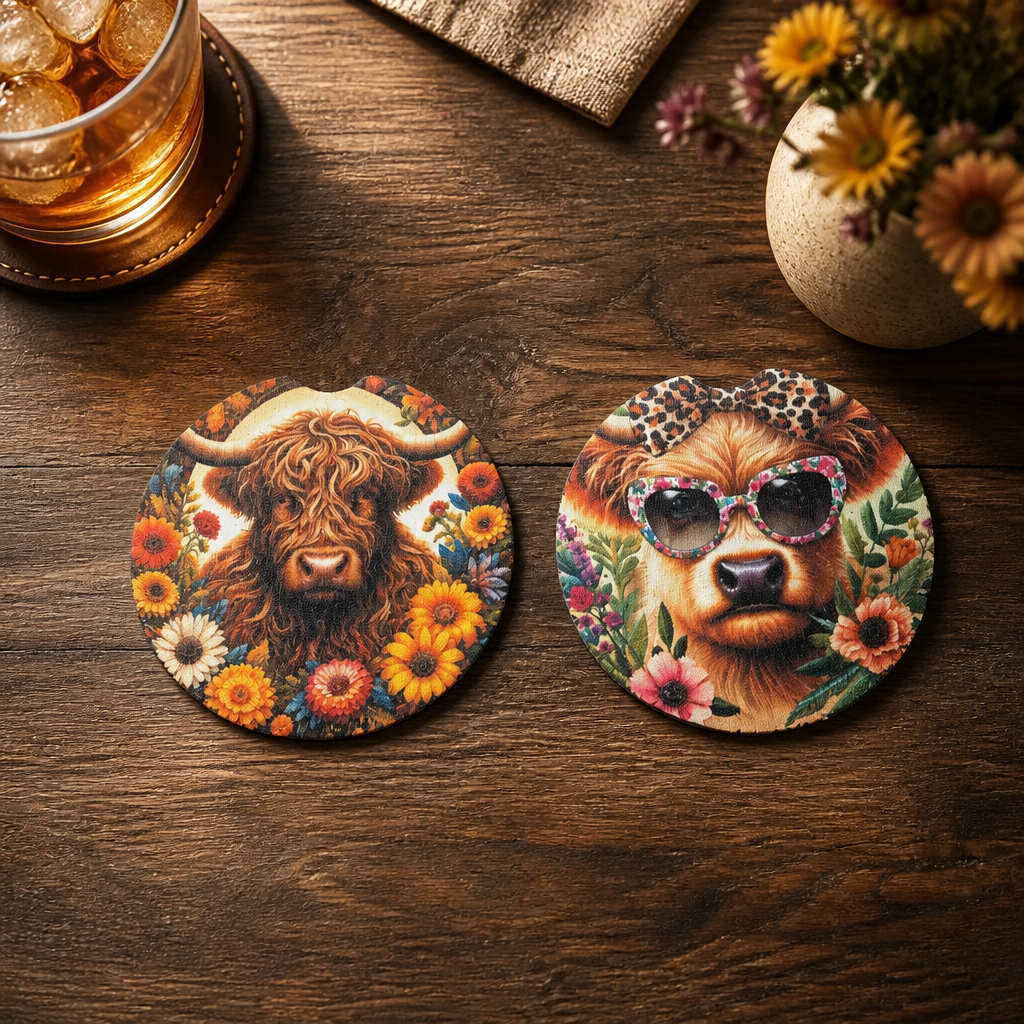 Sunflower Highland Cow Car Coaster Set
