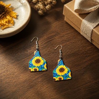 Sunflower Prairie Cow Tag Earrings