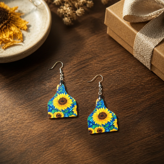 Sunflower Prairie Cow Tag Earrings