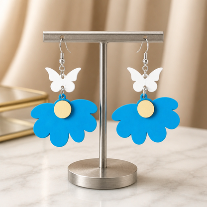 Blue Daisy & Butterfly Wooden Dangle Earrings