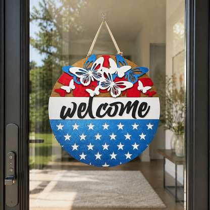 Patriotic Butterfly Welcome Door Sign