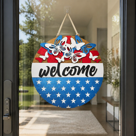 Patriotic Butterfly Welcome Door Sign