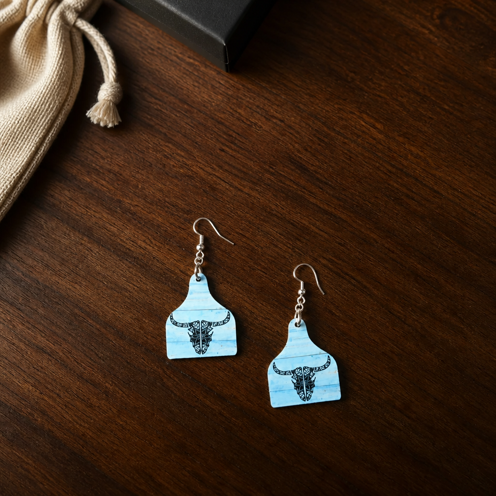 Turquoise Longhorn Cow Tag Earrings