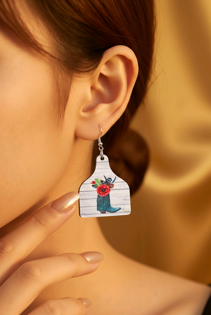 Boot & Bloom Cow Tag Earrings