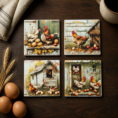 Rustic Farmhouse Chicken Ceramic Coaster Set