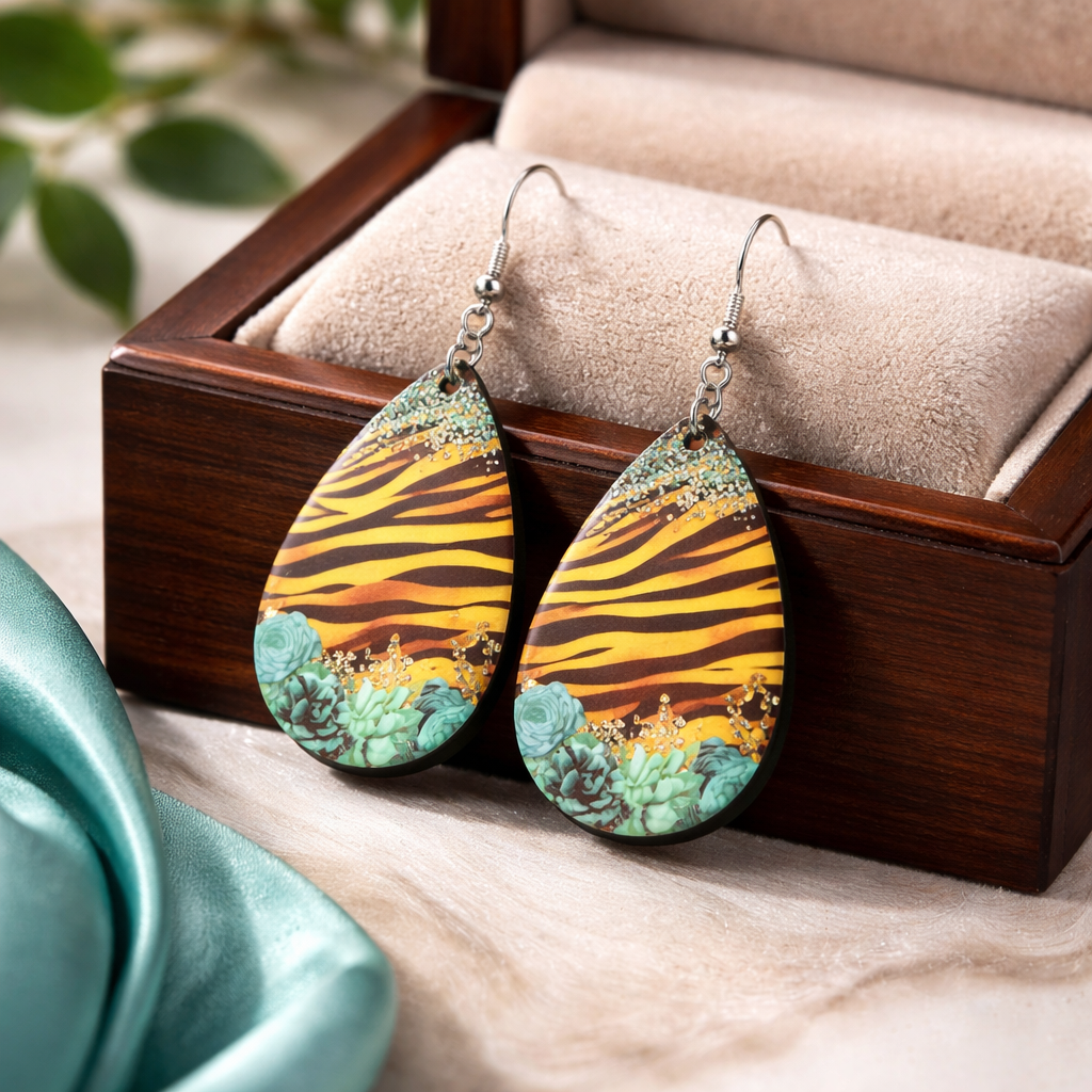 Tiger Stripe Turquoise Floral Accent Earrings