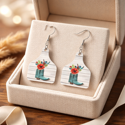 Boot & Bloom Cow Tag Earrings